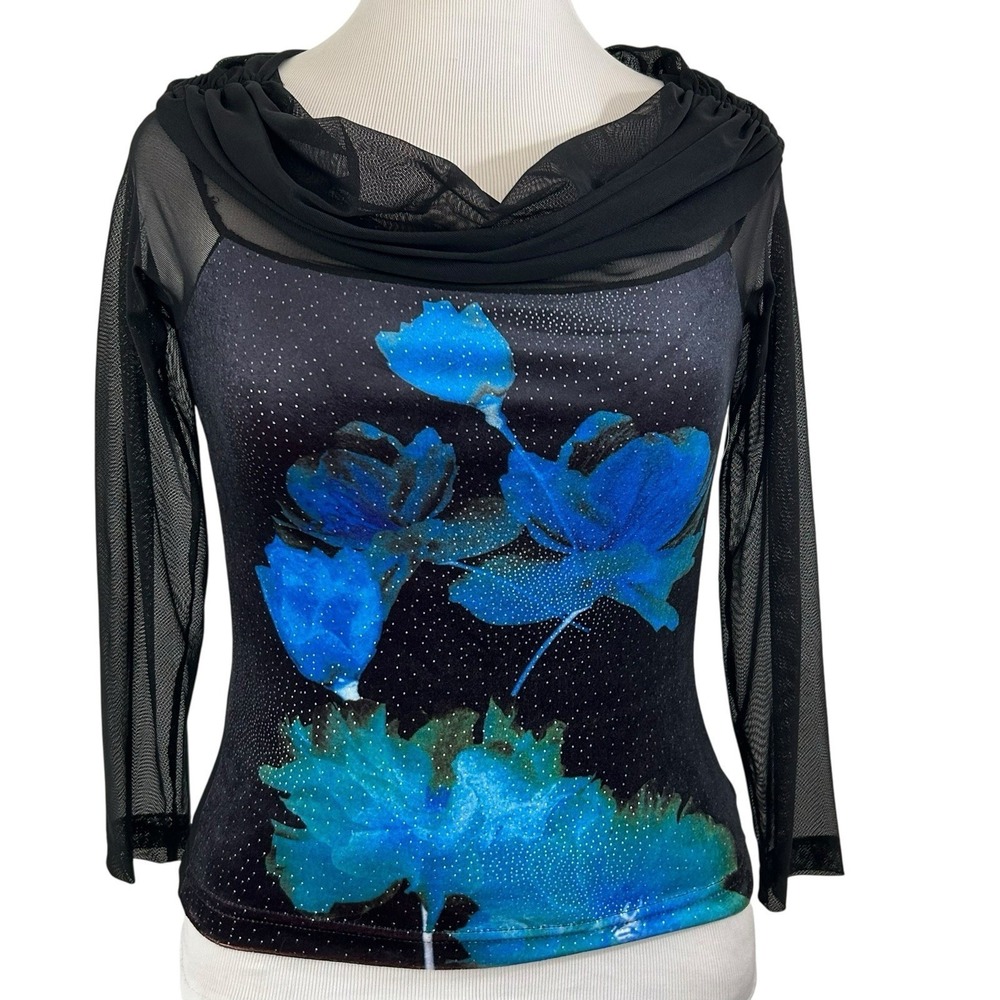 LINDA SEGAL New Velvet Floral TOP M Sheer Dark Fairy Whimsigoth Blue Black Knit
